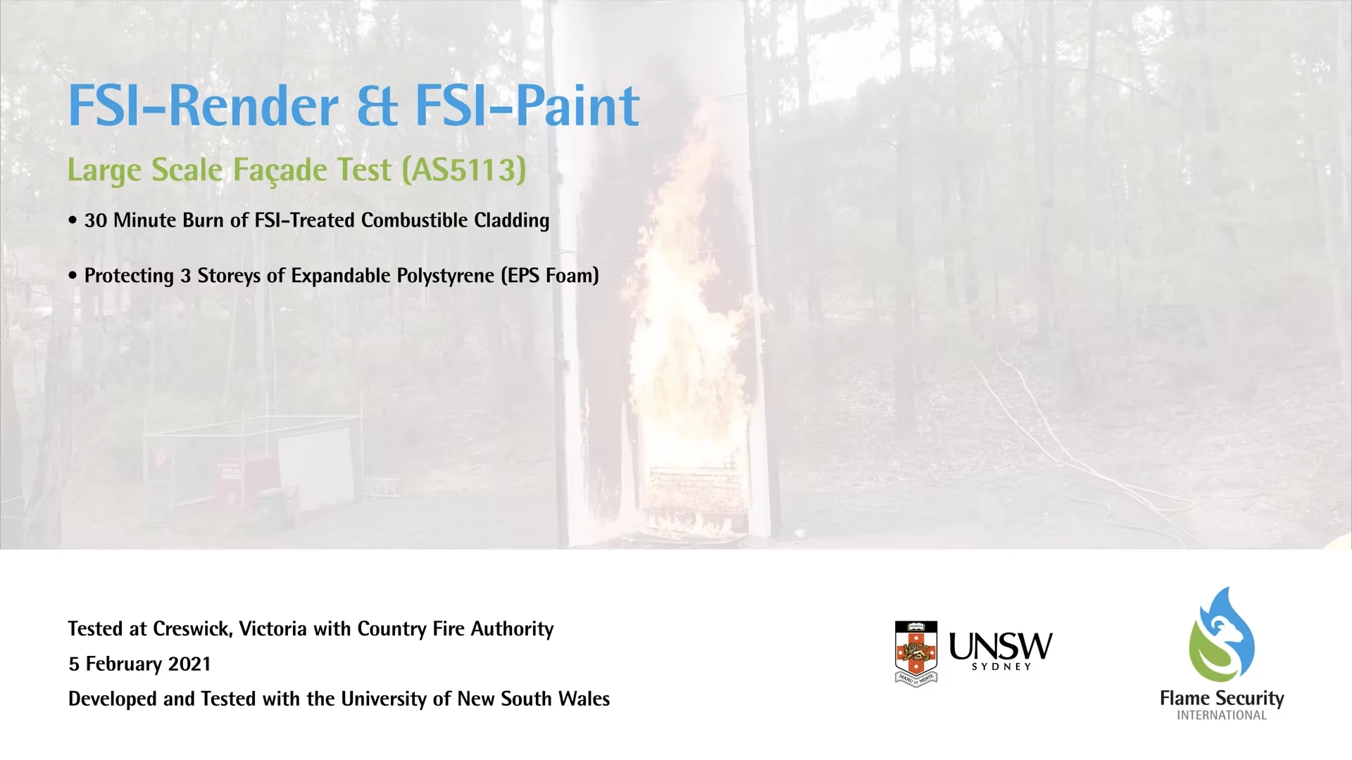 Burn Test (Australian Standard 5113): FSI-Render & FSA FIRECOAT Exterior Protecting Building Façade